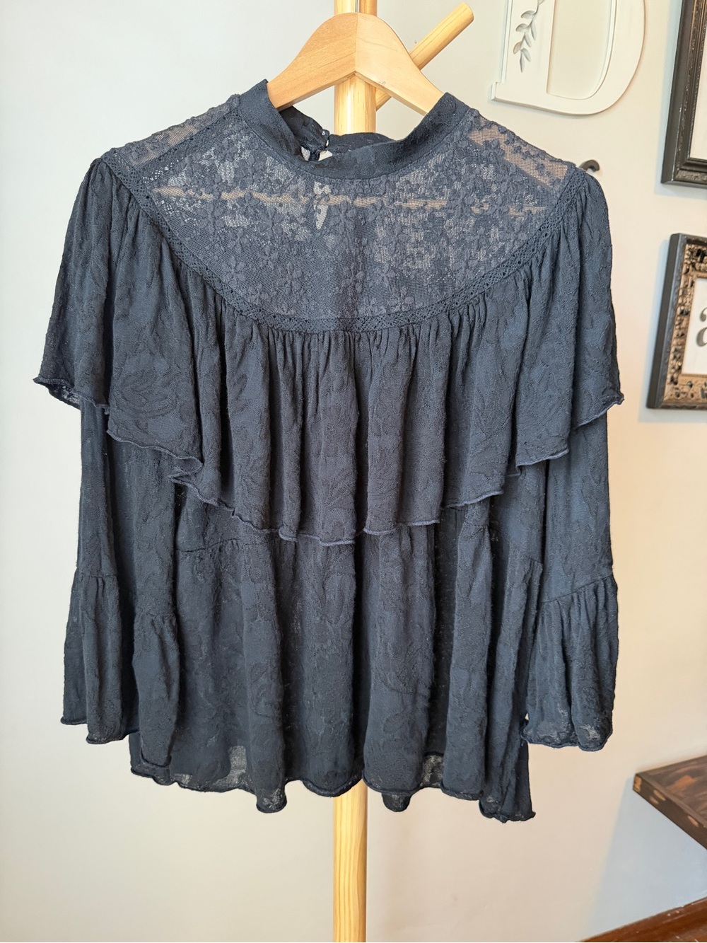 Soft Surroundings Layered Black Lace Blouse Size XL P Mock Neck Ruffle Bell Slv
